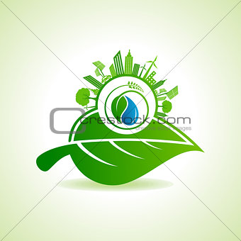 Eco Energy Concept with leaf,cityscape and water drop