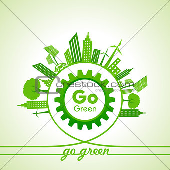 Eco Energy Concept with leaf,cityscape and gear