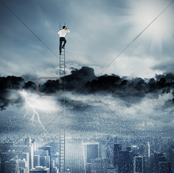 Businessman on a ladder escapes from crisis and looking for a new way