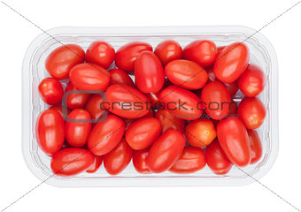 Plastic tray with fresh red grape tomatoes