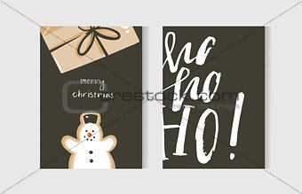 Hand drawn vector abstract fun Merry Christmas time cartoon cards collection set with cute illustrations,surprise gift box,snowman and handwritten modern calligraphy text isolated on white background