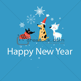 New Years greeting card with funny dogs 