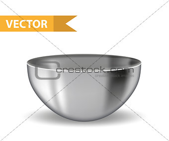 Realistic 3D steel bowl. Iron deep plate. Utensils for commercial and home kitchens. Isolated on white background. Vector illustration.
