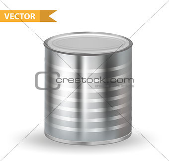 Realistic Metallic Tin Cans. 3d Tins containers. Isolated on white background. Mock-up design for your product packing Canned Food. Vector illustration.