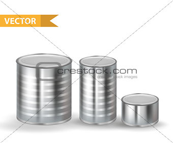 Realistic Metallic Tin Cans set. 3d Tins Containers Collection. Isolated on white background. Mock-up design for your product packing Canned Food. Vector illustration.