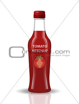 Tomato ketchup in a glass bottle, 3d realistic style. Papkrika red sauce, chili. Mock-up for your product design. Isolated on white background. Vector illustration.