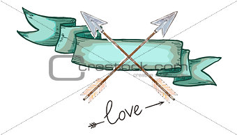 Hand drawn green vintage ribbon with arrows . Design elements for Valentines day. Vector illustration.
