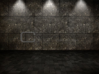 3D grunge interior with tiled floor and metal walls and spotligh