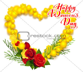 Happy Womens Day March 8 text. Yellow mimosa and red rose wreath heart shape greeting card
