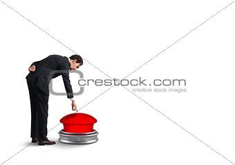 Businessman launches rocket pushing a red button. 3D Rendering