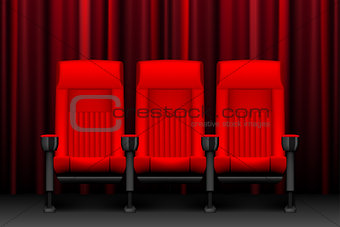 Cinema show design with red empty seats. Poster for concert, party, theater. Realistic chairs for cinema theater. vector illustration