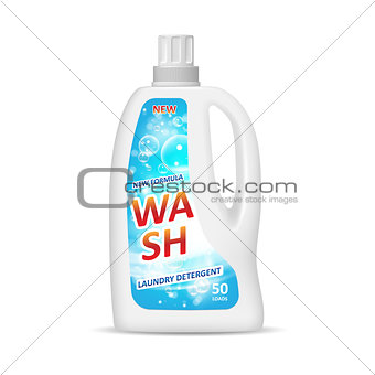 Product package design. stain remover bottle ad with water washing and bubbles on blue background. 3d bottle illustration mockup