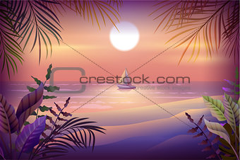 Night landscape of tropical island. Palm trees, beach, sea and sailboat