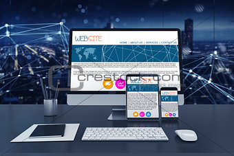 Responsive website on different devices, laptop, computer and smartphone. 3D Rendering