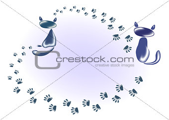 Funny stylized decorative cat with a cat of colored stones and glass and their traces in the shape of a heart. EPS10 vector illustration