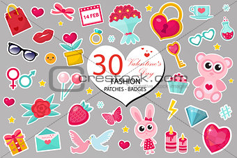 Happy Valentine s Day fashion icons set or stickers patches 80s comic style. Pins, badges collection cartoon pop art with cute symbol, heart, teddy bear, candy, kiss, gift, love. Vector illustration.