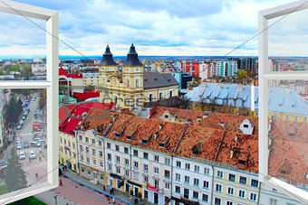 opened window with view to Ivano-Frankivsk panorama