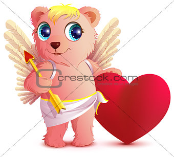 Pink bear angel with wings holds heart and arrow. Postcard Valentines Day