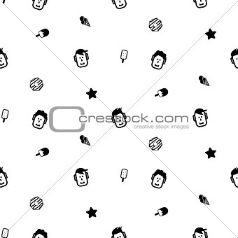 Funny face icon and ice cream line seamless vector pattern.