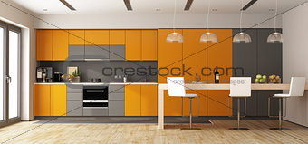 Orange and gray modern kitchen with wooden island - 3d rendering