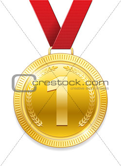 Champion Award gold Medal for sport prize. Shiny medal with red ribbon isolated on white background. Vector illustration