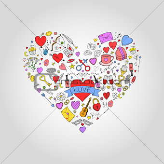 Abstract colorful heart with valentines day doodle elements. Holiday card, background