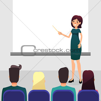 Cartoon flat women with pointer trains participants of the seminar. Female speaker doing presentation and professional training. Coach talks about new direction in company strategy