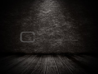 3D grunge interior with brick wall and old wooden floor