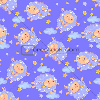 Seamless pattern of counting cute sheep to fall asleep. Cartoon happy jumping sheep with stars and clouds for baby boy. Vector background digital paper for print