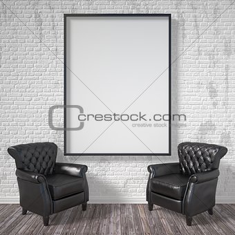 Blank picture frame with black armchairs. Mock up poster. 3D