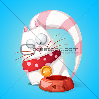 Funny, cute cartoon character cats. Animal eats from bowl.