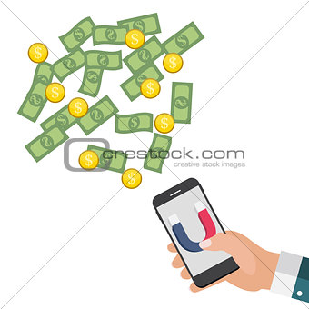 Business concept of hand hold magnet attract money. Vector Illustration