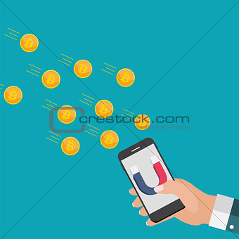 Business concept of hand hold mobile phone with magnet attract bitcoins.Vector Illustration