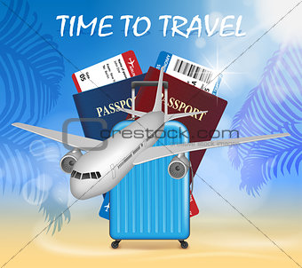 World travel and tourism concept. Banner in tourism theme with airplane on palm beach summer background. Travel agency advertisement airplane poster design. Vector Illustration
