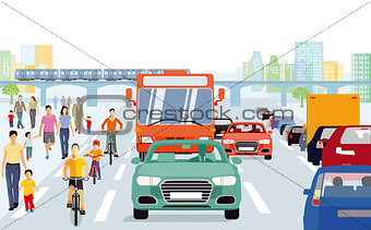 City with pedestrians, cyclists in traffic