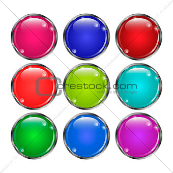 Set of glass round buttonsin  in a silver frame.