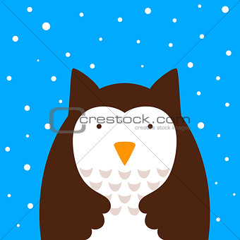 Cartoon owl, snow illustration.