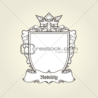 Blank template of coat of arms - shield with crown and banner, h