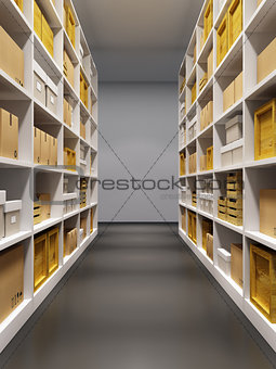 warehouse interior with rows of shelves with boxes