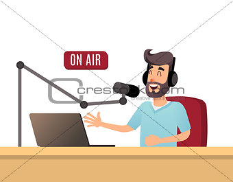 The radio presenter is talking on the air. A young radio DJ in headphones is working on a radio station. Broadcasts flat design vector illustration.