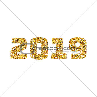 Happy new 2019 year. Gold glitter particles and sparkles. Holidays vector design element for calendar, party invitation, card, poster, banner, web