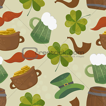 Saint Patricks day seamless background with clover and hat