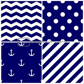 Tile sailor vector pattern set with white anchor, polka dots, zig zag and stripes on navy blue background