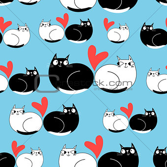 Seamless funny pattern of enamored cats