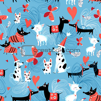 Seamless bright pattern of enamored dogs 