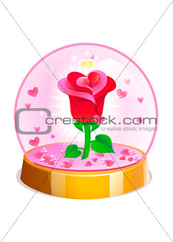 Magic crystal ball with rose and small pink hearts inside. Vector illustration for Valentines day.