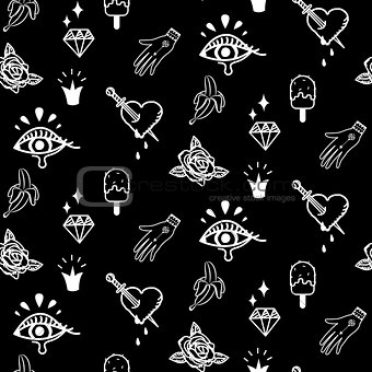 Flash tattoo style black doodles seamless vector pattern.