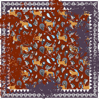 Horse and paisley rough rug vector square design.