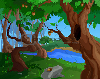 Cartoon summer background for a game art with old trees