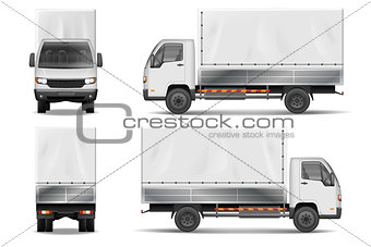 Semi truck isolated on white. Commercial realistic cargo lorry mockup. Delivery truck vector template from side, back, front View.